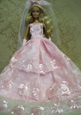 Baby Pink Wedding Dress For Barbie Doll Lace Layered applique