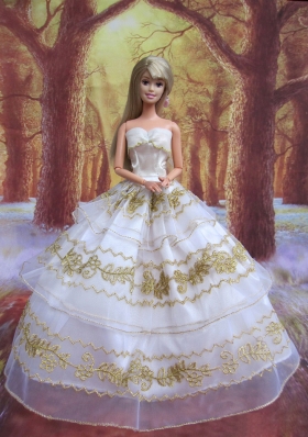 White and Gold Lace Layered Wedding Dress For Barbie Doll