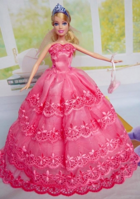 Hot Pink Applique Layered Organza Barbie Doll Dress