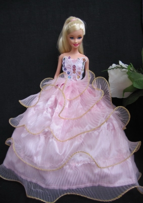 Light Pink layered Organza Applique Ball Gown For Barbie Doll