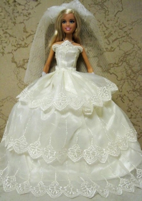 White Embroidery Ball Gown Barbie Doll Wedding Dress