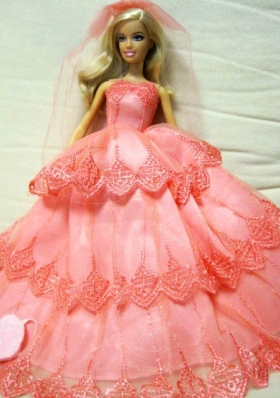 White Embroidery Ball Gown Barbie Doll Wedding Dress