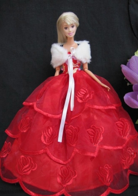 Embroidery Red Organza Shawl Ball Gown For Barbie Doll