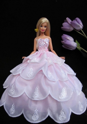 Embroidery Pink Ruffled Layers Ball Gown Barbie Doll Dress