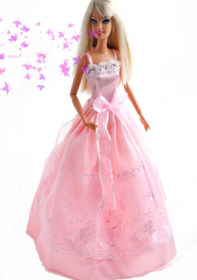 Straps Bowknot Embroidery Princess Pink Barbie Doll Dress