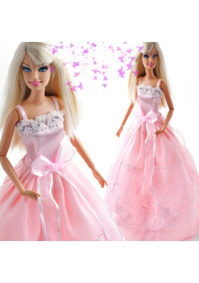 Straps Bowknot Embroidery Princess Pink Barbie Doll Dress
