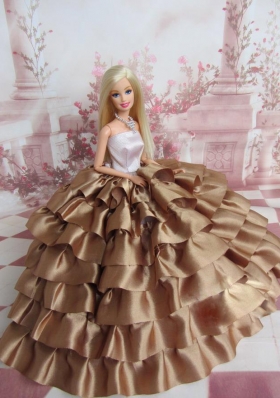 Brown and White Ball Gown Ruffles Layers Barbie Doll Dress