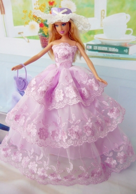 Embroidery Baby Pink Organza Ruffles Layers Barbie Doll Dress