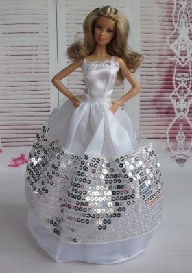 Ball Gown White and Silver Sequins Party Clothes for Barbie Doll