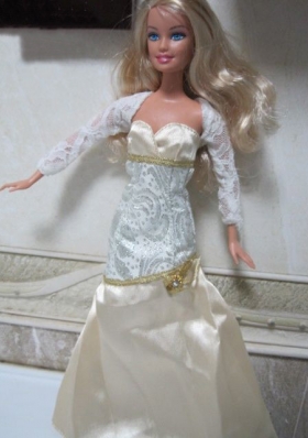 Champagne Mermaid Long Sleeves Lace Barbie Doll Wedding Clothes