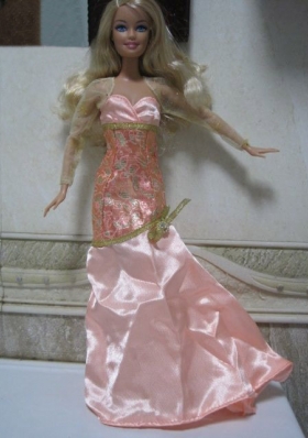 Champagne Mermaid Long Sleeves Lace Barbie Doll Wedding Clothes