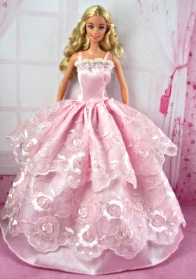 Straps Light Pink Lace Party Dress for Noble Barbie Doll