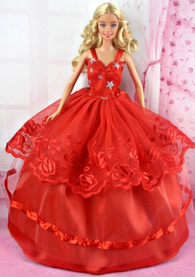 Straps Red Tulle Applique Layered Barbie Doll Party Dress