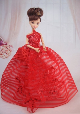 Red Straps Sequins Applique Ball Gown Barbie Doll Dress