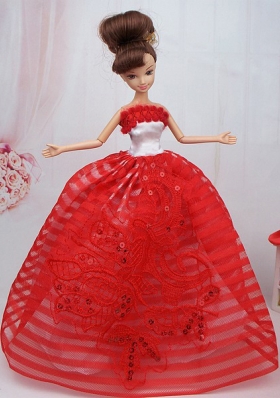 Red Straps Sequins Applique Ball Gown Barbie Doll Dress