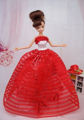 Red Straps Sequins Applique Ball Gown Barbie Doll Dress