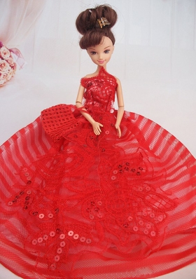 Red Straps Sequins Applique Ball Gown Barbie Doll Dress