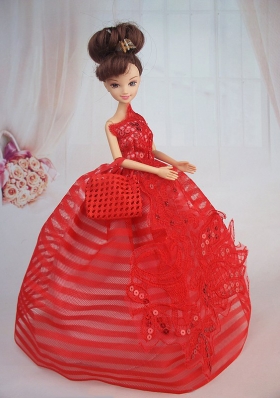 Red Straps Sequins Applique Ball Gown Barbie Doll Dress