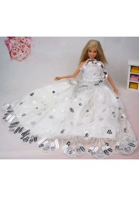 White Hand Made Flower Sequin Ball Gown Barbie Doll Dress