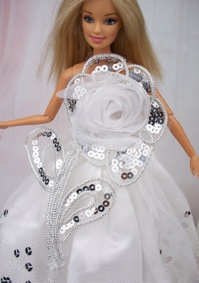 White Hand Made Flower Sequin Ball Gown Barbie Doll Dress