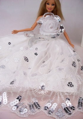 White Hand Made Flower Sequin Ball Gown Barbie Doll Dress