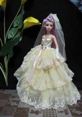 Lace Embroidery Clothes For Barbie Ball Gown Light Yellow