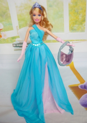 Chiffon One Shoulder Baby Blue Party Dress for Barbie Doll