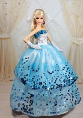 Ball Gown White and Blue Party Clothes for Barbie Doll sequined