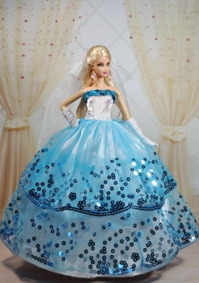 Ball Gown White and Blue Party Clothes for Barbie Doll sequined