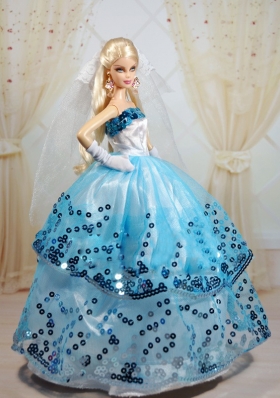 Ball Gown White and Blue Party Clothes for Barbie Doll sequined