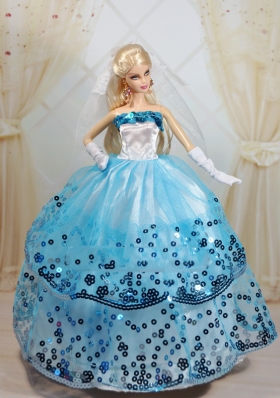 Ball Gown White and Blue Party Clothes for Barbie Doll sequined