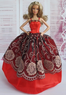 Red and Black Embroidery Straps Ball Gown Barbie Doll Dress