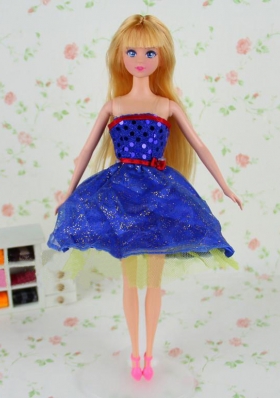 Short Royal Blue Tulle Sequined Dress for Barbie Doll
