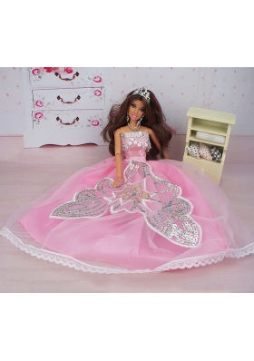 Ball Gown Pink Sequined Party Clothes for Barbie Doll