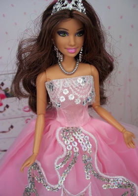 Ball Gown Pink Sequined Party Clothes for Barbie Doll