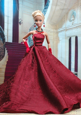 Burgundy Satin Floor Length Party Dress for Noble Barbie Doll