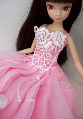 Embroidery Pink Princess Lace Floor Length Barbie Doll Dress