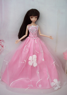 Embroidery Pink Princess Lace Floor Length Barbie Doll Dress