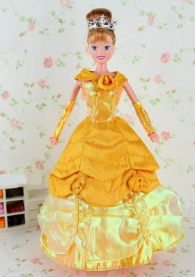 Gold Off the Shoulder Flower Taffeta Gown for Barbie Doll