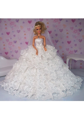 Lace Ruffled Layers White Barbie Doll Wedding Dress