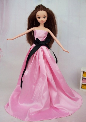 Rose Pink with Black Sash Taffeta Party Dress For Barbie Doll