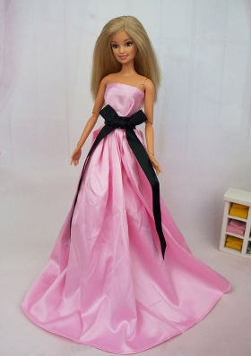 Rose Pink with Black Sash Taffeta Party Dress For Barbie Doll