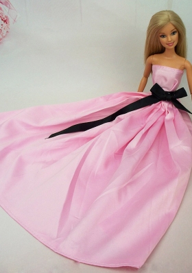 Rose Pink with Black Sash Taffeta Party Dress For Barbie Doll