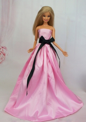 Rose Pink with Black Sash Taffeta Party Dress For Barbie Doll