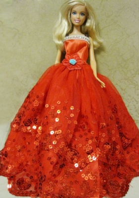 Organza Sequined Red Ball Gown Flower Barbie Doll Dress