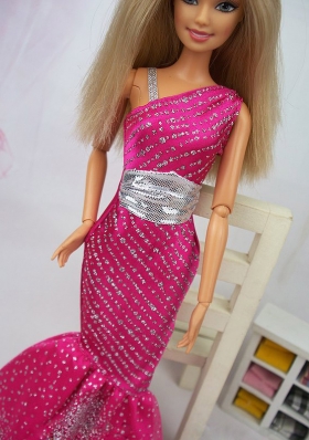 Mermaid Asymmetrical Hot Pink Beaded Sash Dress For Barbie