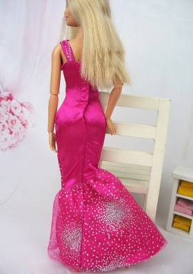 Mermaid Asymmetrical Hot Pink Beaded Sash Dress For Barbie