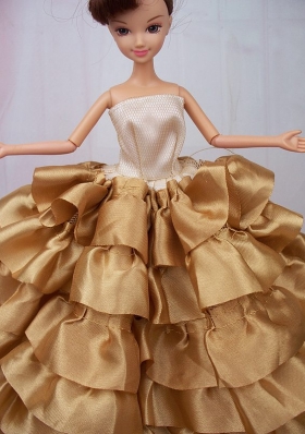 Gold Barbie Ball Gown Fashion Dress with Ruffles Prom