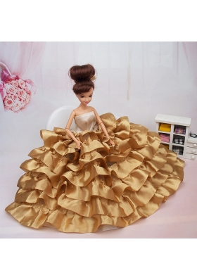 Gold Barbie Ball Gown Fashion Dress with Ruffles Prom