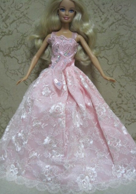 Pink Ball Gown Barbie Doll Dress with Embroidery
